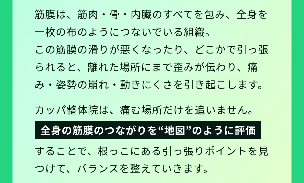 筋膜は、筋肉・骨・内臓のすべてを包み、全身を一枚の布のようにつないでいる組織。この筋膜の滑りが悪くなったり、どこかで引っ張られると、離れた場所にまで歪みが伝わり、痛み・姿勢の崩れ・動きにくさを引き起こします。カッパ整体院は、痛む場所だけを追いません。全身の筋膜のつながりを“地図”のように評価することで、根っこにある引っ張りポイントを見つけて、バランスを整えていきます。